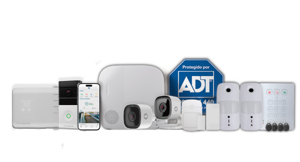Equipos de alarma ADT: panel, cámaras, detectores, teclado, placa disuasoria y app